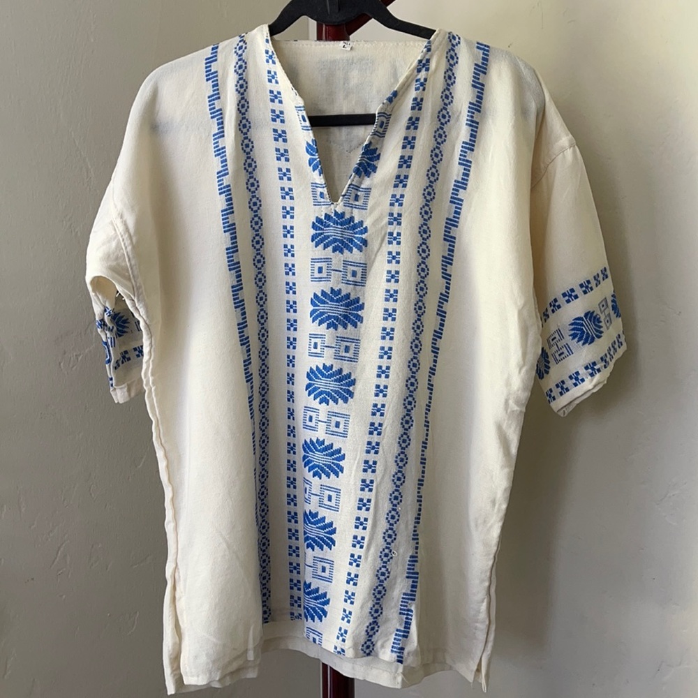 Blue and Cream Embroidered Women's Top